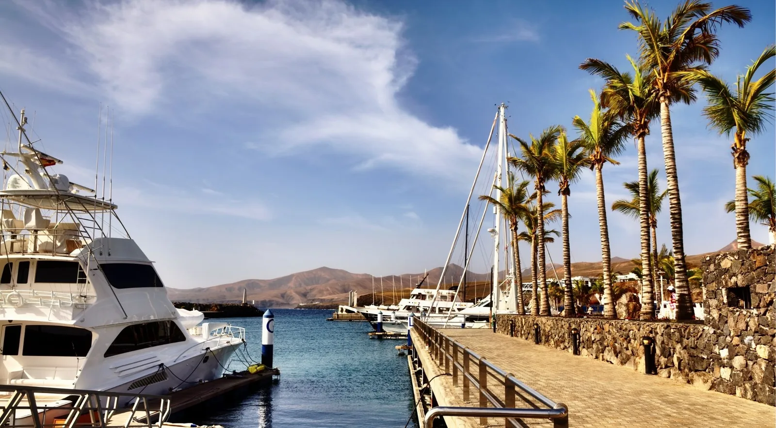 Yachts moored along the palm-lined quay at Puerto Calero marina, Lanzarote, with brown volcanic hills behind